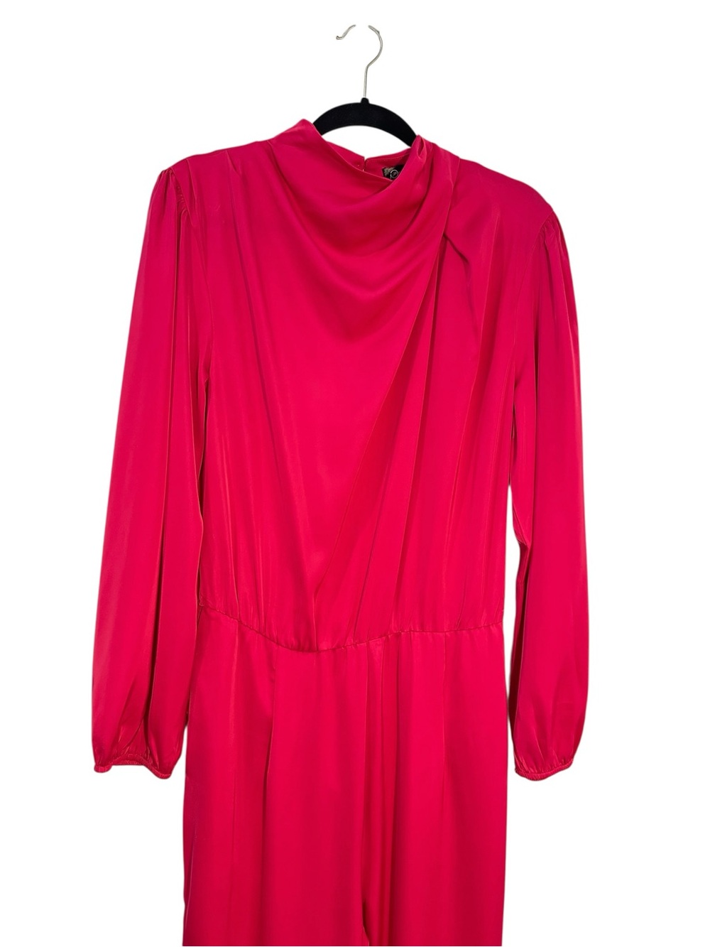 Fuchsia Satin Long-Sleeve Jumpsuit with Draped Neck - Picture 6 of 16